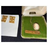 12K Gold Filled Cameo Necklace with Hand Carved Pendant and Pair of Ornate Mexican God of the Dead Gold-Tone Clip-On Earrings