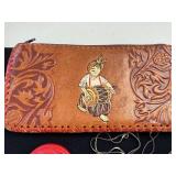 Folk Art Collection with Tooled Leather Pouch, Carved Dragon Box, Handpainted Medallion, and Guatemalan Worry Dolls