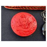 Folk Art Collection with Tooled Leather Pouch, Carved Dragon Box, Handpainted Medallion, and Guatemalan Worry Dolls