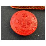 Folk Art Collection with Tooled Leather Pouch, Carved Dragon Box, Handpainted Medallion, and Guatemalan Worry Dolls