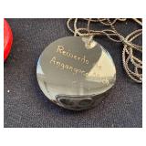 Folk Art Collection with Tooled Leather Pouch, Carved Dragon Box, Handpainted Medallion, and Guatemalan Worry Dolls