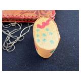 Folk Art Collection with Tooled Leather Pouch, Carved Dragon Box, Handpainted Medallion, and Guatemalan Worry Dolls