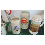 5-German Steins and Large Glass Boot Mug