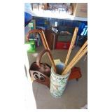 Ceramic Umbrella Stand, Canes, Yardsticks, Sewing Box and Magazine Rack