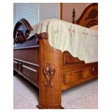 Solid Walnut Antique Hand Carved Bed Frame with Custom Mattress and Boxspring