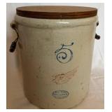 Vintage Red Wing 5 Gallon Union Stoneware Crock with Bale Handles and Wooden Lid