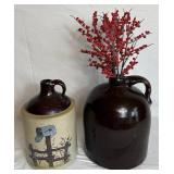 Antique Brown Glazed Stoneware Pitcher and Stoneware Moonshine Jug with Painted Scene