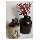 Antique Brown Glazed Stoneware Pitcher and Stoneware Moonshine Jug with Painted Scene