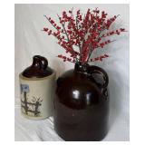 Antique Brown Glazed Stoneware Pitcher and Stoneware Moonshine Jug with Painted Scene