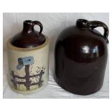 Antique Brown Glazed Stoneware Pitcher and Stoneware Moonshine Jug with Painted Scene