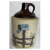 Antique Brown Glazed Stoneware Pitcher and Stoneware Moonshine Jug with Painted Scene