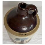 Antique Brown Glazed Stoneware Pitcher and Stoneware Moonshine Jug with Painted Scene