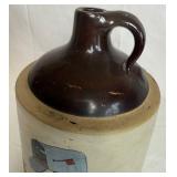 Antique Brown Glazed Stoneware Pitcher and Stoneware Moonshine Jug with Painted Scene