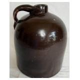 Antique Brown Glazed Stoneware Pitcher and Stoneware Moonshine Jug with Painted Scene