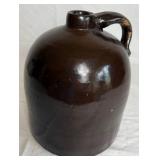 Antique Brown Glazed Stoneware Pitcher and Stoneware Moonshine Jug with Painted Scene