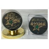 Dallas Stars Autographed Hockey Pucks 2000  - Mike Keane #12, Guy Carbonneau #21, Brett Hull and Jamie Wright and Mike Madano