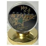 Pair of Dallas Stars Autographed Hockey Pucks 2000 - Mike Keane #12, Guy Carbonneau #21, Brett Hull and Jamie Wright