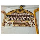 University of Minesota Mini Hockey Sticks Autographed by Head Coach Dan Lucia, 2002/2003 Back to Back Championship Poster Autographed by Thomas Vanek and Gopher Hockey Puck