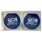 USA Hockey Blue Pucks Autographed by Alana Blahok #18 and Karen Bye #6