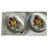 University of Minnesota Womans Hockey Goalie Stick Signed by Team Members and 2 Inaugural Game Pucks