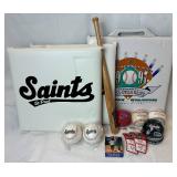 Saint Paul Saints Bundle - Commerative Bat and Baseballs, 1997 Seat Cushion, 2 Seat Cushions, Saints 2000 Snow Globe and Two 1998 Game Balls
