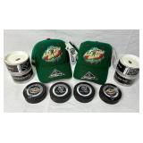 2004 NHL All Star Game Minnesota - 4 Official Game Pucks and Two Baseball Caps (new with tags)