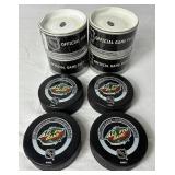 2004 NHL All Star Game Minnesota - 4 Official Game Pucks and Two Baseball Caps (new with tags)