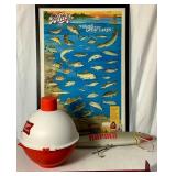 Novelty Fishing Collection - Miller High Life Bobber Cooler 16" High, Blatz Bear Fishes of the Great Lakes 37.25" x 25.25", Rapala Giant Lure 28.5" and The Judge Tournament Rule up to 22"