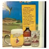 Novelty Fishing Collection - Miller High Life Bobber Cooler 16" High, Blatz Bear Fishes of the Great Lakes 37.25" x 25.25", Rapala Giant Lure 28.5" and The Judge Tournament Rule up to 22"