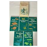 Canoe Book Shelf with Fishing Bookends, Coffee Table Books and 1971 Tacklebox Library 5 Booklet Collection