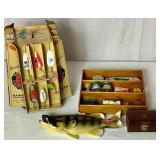 Antique Fishing Display Racks with Vintage tins and 25 Promotion Lures Plus Vintage Grain Belt Beer Chalkware Fish Plaque