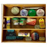 Antique Fishing Display Racks with Vintage tins and 25 Promotion Lures Plus Vintage Grain Belt Beer Chalkware Fish Plaque