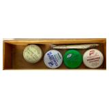 Antique Fishing Display Racks with Vintage tins and 25 Promotion Lures Plus Vintage Grain Belt Beer Chalkware Fish Plaque