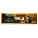 Antique Fishing Display Racks with Vintage tins and 25 Promotion Lures Plus Vintage Grain Belt Beer Chalkware Fish Plaque