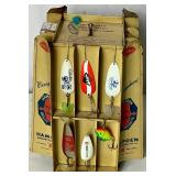 Antique Fishing Display Racks with Vintage tins and 25 Promotion Lures Plus Vintage Grain Belt Beer Chalkware Fish Plaque