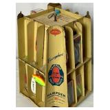 Antique Fishing Display Racks with Vintage tins and 25 Promotion Lures Plus Vintage Grain Belt Beer Chalkware Fish Plaque