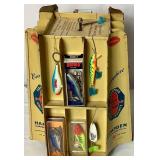 Antique Fishing Display Racks with Vintage tins and 25 Promotion Lures Plus Vintage Grain Belt Beer Chalkware Fish Plaque