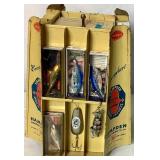 Antique Fishing Display Racks with Vintage tins and 25 Promotion Lures Plus Vintage Grain Belt Beer Chalkware Fish Plaque