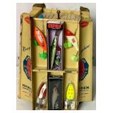 Antique Fishing Display Racks with Vintage tins and 25 Promotion Lures Plus Vintage Grain Belt Beer Chalkware Fish Plaque