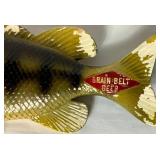 Antique Fishing Display Racks with Vintage tins and 25 Promotion Lures Plus Vintage Grain Belt Beer Chalkware Fish Plaque