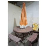 Vintage Wooden Patio Table with 4 Bench Chairs and Umbrella