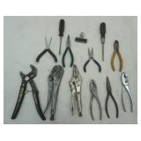 Needle nose Pliers, vise grips screwdrivers, channel lock pliers