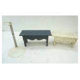 Wooden Doll Benches (2ct) and Metal Doll Stand