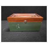 Wood Box With Shadow Box Lid filled with Fishing gear in it.