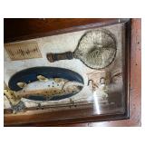 Wood Box With Shadow Box Lid filled with Fishing gear in it.