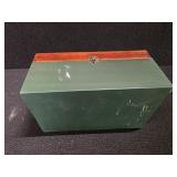 Wood Box With Shadow Box Lid filled with Fishing gear in it.