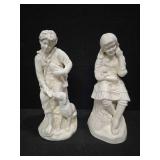 Vintage Holland Molds, Girl and Boy sitting on tree stumps with dogs