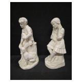 Vintage Holland Molds, Girl and Boy sitting on tree stumps with dogs