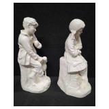 Vintage Holland Molds, Girl and Boy sitting on tree stumps with dogs