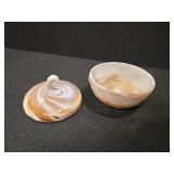 Very Cool Heisey Caramel Slag Glass Candy Dish w/ Lid Ornate Wave Finial adorn w/ Shells